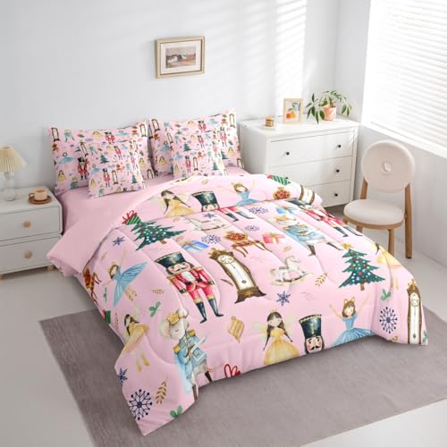 Erosebridal Pink Christmas Twin Size Comforter Set with Sheets Kids Nutcracker 7-Piece Bedding Set Carousel Soldier Bed in a Bag Ballet Girl Xmas Tree Bed Quilt Sets for Boy Girl Teen Adult Erosebridal