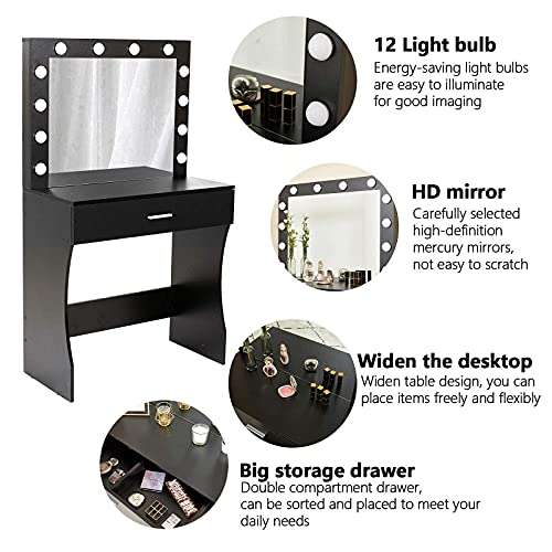 Titoni Vanity Desk, Makeup Vanity Desk Storage with Mirror, Lights for Bedroom (Black) Titoni