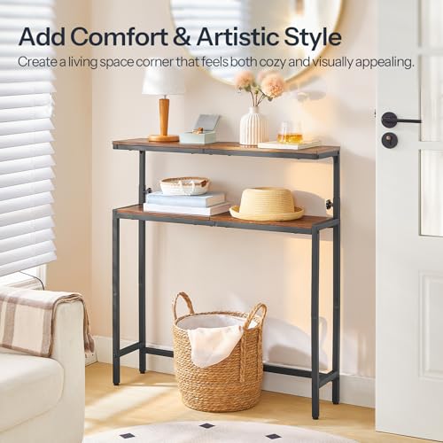 HOOBRO Narrow Console Table with Adjustable Height (31.5"-37.4"), High Entryway Table, Skinny Behind Couch Table with 2 Tier Shelf, Sofa Table for Hallway, Livingroom, Rustic Brown and Black BF96XG01 HOOBRO