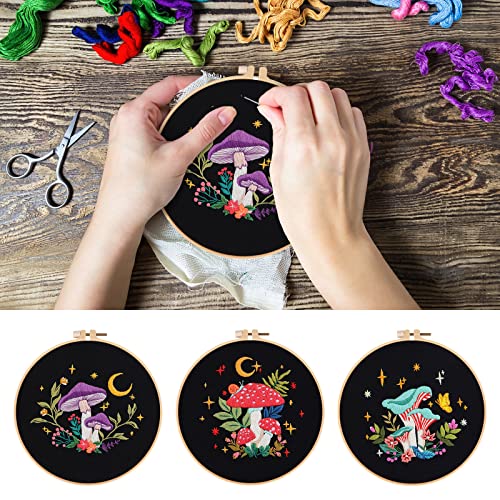 Nuberlic 3 Pack Embroidery Kit for Adults Beginners, Stamped Cross Stitch Starter Kit with Mushroom Patterns, Embroidery Hoops, Threads, Needles & Instructions, DIY Needlepoint Craft Gift