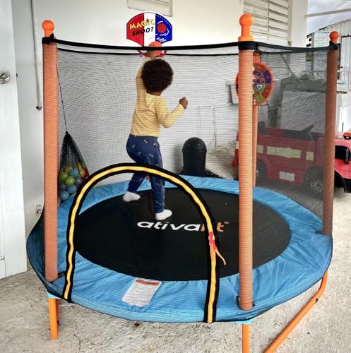Ativafit 60'' Rebounder Trampoline Indoor Outdoor for Kids Ages 1-8, 5 FT Recreational Toddler Trampoline with Safety Enclosure Net Gifts with Basketball Hoop Dartboard Ocean Ball for Fun ATIVAFIT