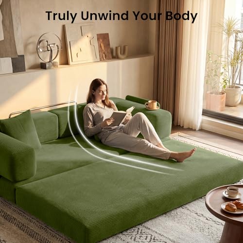 CUBENTE 78.8" Convertible Sofa Bed,Corduroy Futon Couch with Storage Pocket,Folding Pull Out Futon Sofa,No Assembly Boneless Couch for Living Room,Green CUBENTE