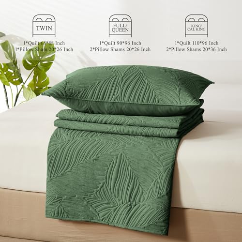 OARAGE King Quilt Bedding Set Lightweight Soft Olive Green Bedspread Coverlet with Leaf Pattern,Ultrasonic Microfiber Bed Cover Set for All Season 3 Pieces (1 Quilt, 2 Shams) OARAGE
