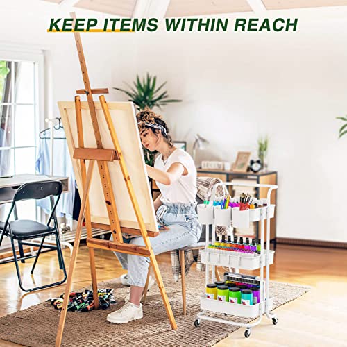 LEHOM 3-Tier Rolling Utility Cart with Hanging Cups & Hooks & Handle, Plastic Art Cart Organizer Storage with Wheels, Easy Assembly for Office, Bedroom, Kitchen, Bathroom, Laundry (White) LEHOM