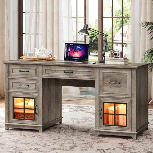 RALGEND 58" Farmhouse Executive Desk, Farmhouse Computer Desk with Drawers & File Cabinet, Wooden Home Office Desk with Power Outlet & LED Light, Workspace for Study Writing, Greige RALGEND
