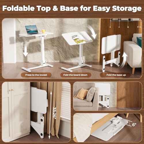 JOY worker Foldable Overbed Bedside Table, 180° Tiltable Mobile Standing Desk with Wheels, 31.5" Pneumatic Height Adjustable Rolling Laptop Desk for Home & Hospital Use, Easy Storage, White JOY worker