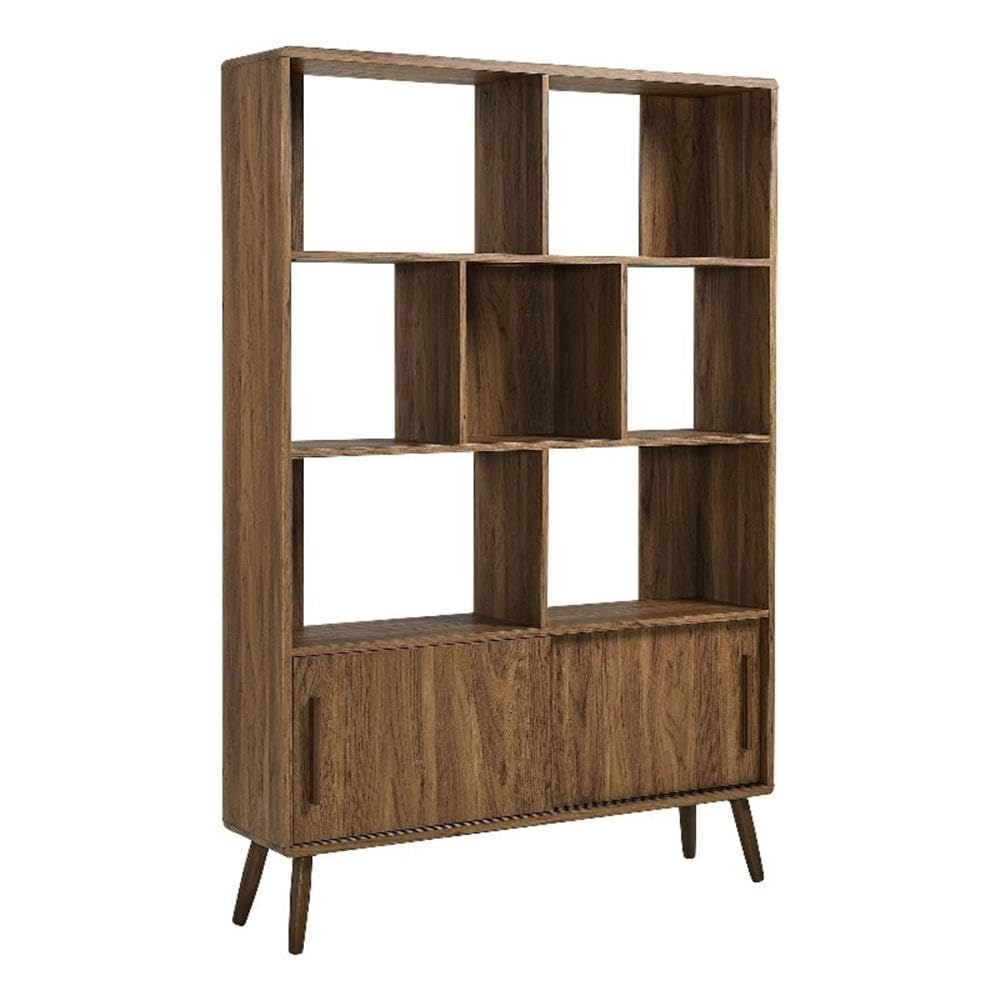 Modway Transmit 8 Shelf Bookcase with Sliding Doors in Walnut - 45 Inch Wood Mid-Century Modern Bookshelf - 4 Tier Tall Open Display Storage Cabinet for Living Room, Office, Hallway Modway