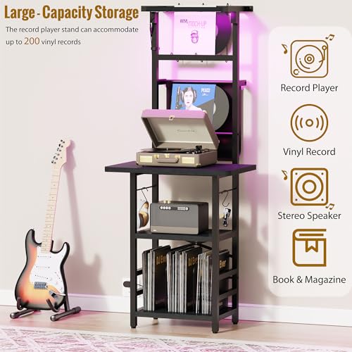 YAKANJ Record Player Stand with Led Light,Record Player Table with Vinyl Storage,Turntable Stand with Record Holder Vinyls Display Shelf for Music Room Studio,Black YAKANJ