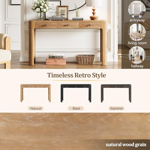 Merax 52" Console Table with 3 Drawers, Rustic Entryway Table with Curved Corners, Narrow Long Sofa Table for Living Room, Hallway, Entrance, Behind Couch, Foyer, Sturdy Thick Legs, Natural Merax
