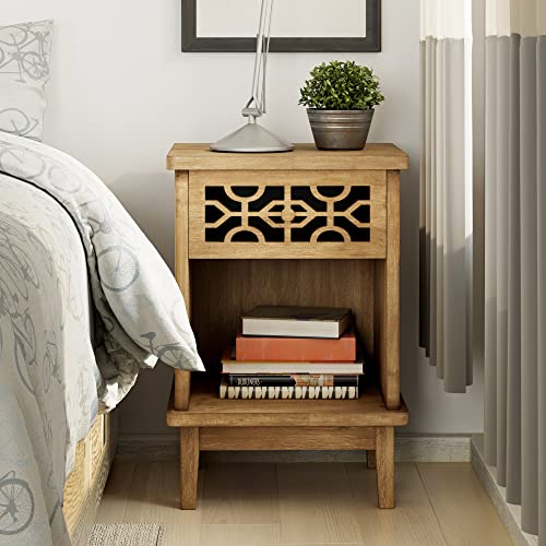 COZAYH Retro Rustic Nightstand Solid Fir End Table Side Table with Hand Carved Front and Open Shelf for Boho, French Country, Farmhouse Style, Natural COZAYH