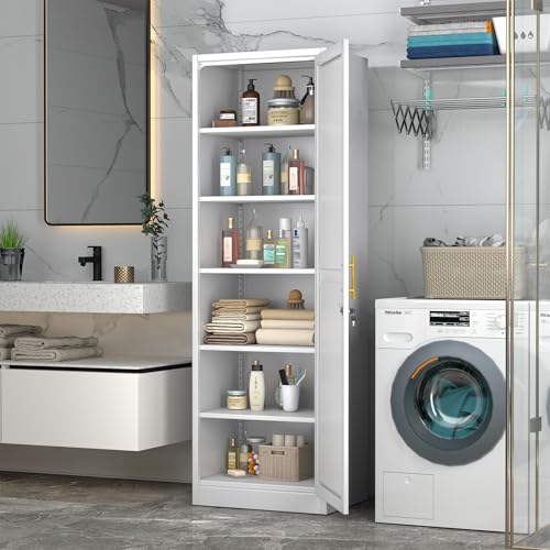 pozdeg 67" Metal Storage Cabinet with Lock, Tall Narrow Office File Cabinets with 5 Adjustable Shelves, Metal Steel Locker for Home, School, Office, Garage or Gym (White) pozdeg