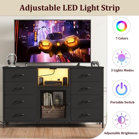 Dresser TV Stand for Bedroom for 65 inch TV with LED Lights and Charging Station, Fabric Chest of Drawers, 8 Fabric Drawers, Wood Top, Living Room, Closet Black Decofy