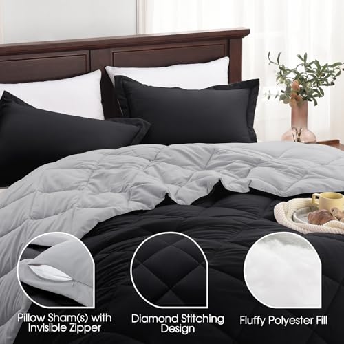 Basic Beyond King Size Comforter Set - Black Comforter Set King, Reversible King Bed Comforter Set for All Seasons, Black/Grey, 1 Comforter (104"x92") and 2 Pillow Shams (20"x36"+2") Basic Beyond