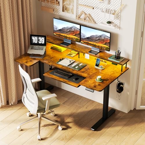 OffiGo U Shaped Electric Standing Desk with Keyboard Tray, 55 Inch Height Adjustable Desk with Power Outlets & LED Lights, Sit Stand Table with Monitor Stand for Home, Office, Rustic Brown OffiGo
