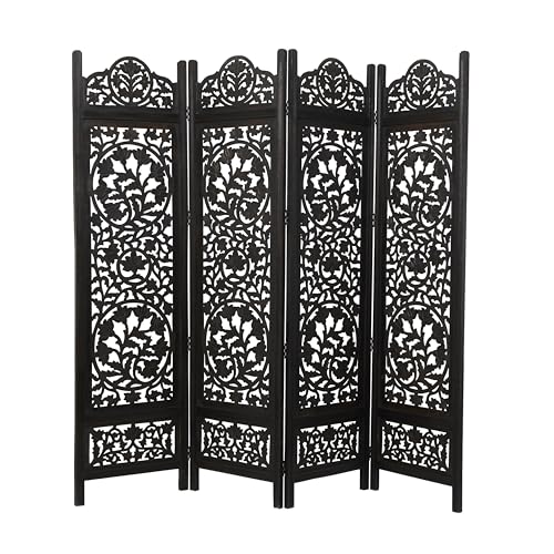 Deco 79 Wood Floral Handmade Partition Room Divider Screen Foldable Partition Carved 4 Panel Privacy Screen, Room Partition 80" x 1" x 72", Black Deco 79