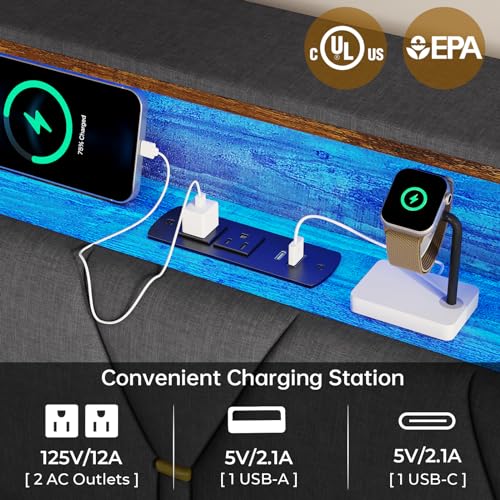 BTHFST LED Queen Bed Frame with USB Ports, Storage Headboard & Sturdy Upholstered Design in Dark Grey BTHFST