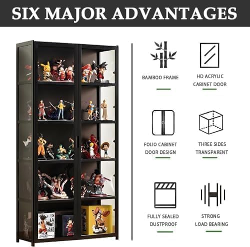 Curio Display Cabinet, 5 Tier Storage Shelves with Acrylic Glass Door, Transparent Bamboo Display Case for Figures, Display Shelves for Collectibles & Kids Bookcase for Home (Black Double Door) iusyugh