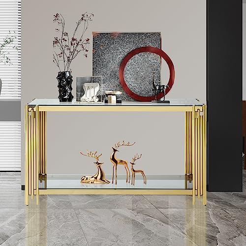 SSLine Modern Luxury Console Table Rectangular Glass Accent Entryway Table for Hallway Living Room, 2-Tier Storage, Gold Pipe Stainless Steel Frame Design SSLine