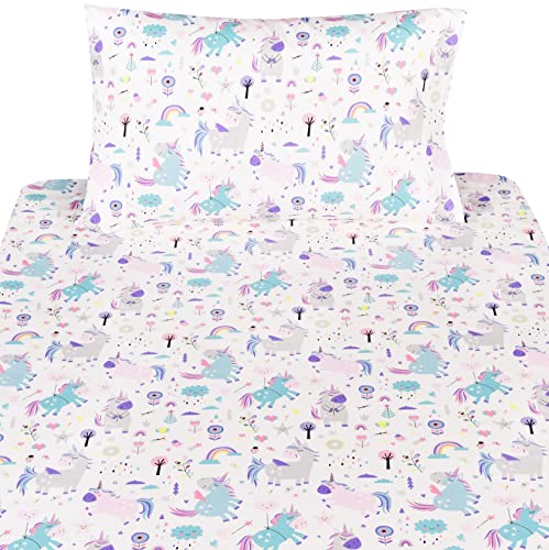 Scientific Sleep Cute Unicorn Flower Rainbow 100% Cotton Cozy Twin Bed Sheet Set, Flat Sheet & Fitted Sheet & Pillowcase Natural Bedding Set (Unicorn, Twin) Scientific Sleep
