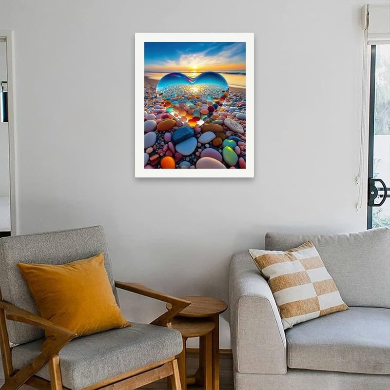 Romantic Paint by Numbers Kit for Adults - DIY Heart Glass and Pebble Beach Sunset Painting on Canvas 16x20 Inches,Acrylic Paint Set,Suitable for Beginners,Love Art for Home Decoration/Gifts TAOPAOLAB