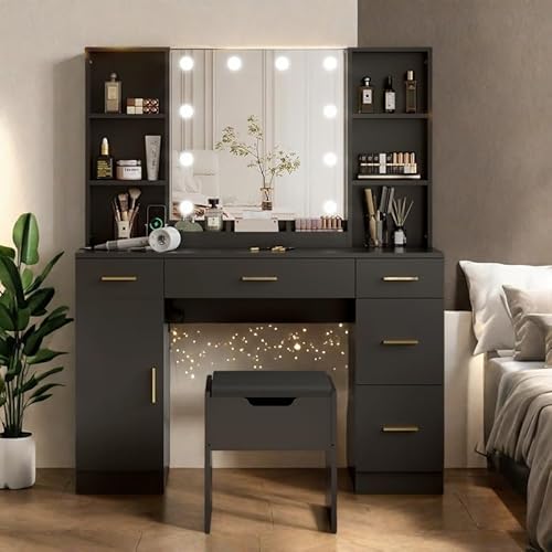 HobbyField 56’’ Makeup Vanity Desk with Mirror and LED Lights,Modern Dressing Table with Drawers & Adjustable Shelves, Makeup Table Set with Power Outlet,Cushioned Stool for Bedroom(Black) HobbyField