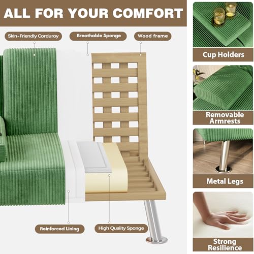 Homall Futon Sofa Bed, Futon Couch with Removable Armrests, Adjustable Recliner Sleeper Sofa Bed with Dual Cup Holders for Living Room, Apartment, Office (Corduroy, Green) Homall