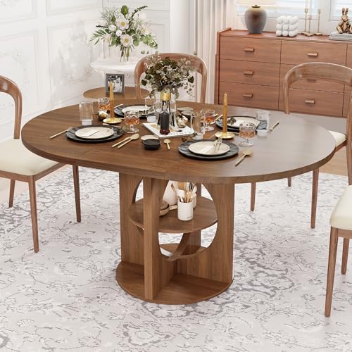 Modern Extendable Round Dining Table for 4-6, 43-59 Inch Oval Dinner Kitchen Table with Storage, Wood Walnut Circle Table with Leaf, Space Saving, for Dining Room, Living Room Xyulmeo
