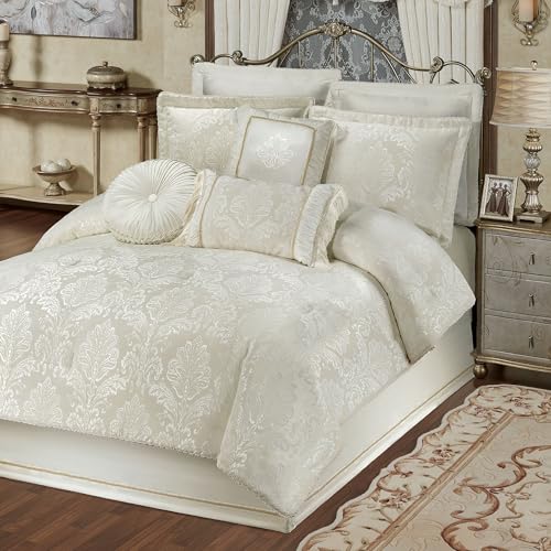 Touch of Class Camelot Luxury Bedding | Neutral Soothing Ivory | Matte Satin Damask on Richly Textured Jacquard-Woven Chenille 4 Piece Set Includes Queen Comforter, Bedskirt, and 2 Standard Shams Touch of Class