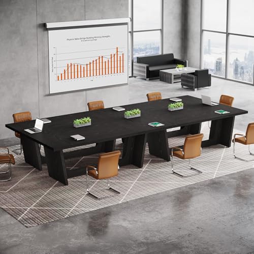 Tribesigns 12FT Conference Table, Modern Meeting Seminar Table for 12-14 Person, Rectangular Solid Executive Business Furniture Boardroom Desk for Office,(Set of 2, Black) Tribesigns