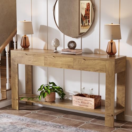 Tribesigns Console Table with 3 Drawers, 67-Inch Long Sofa Table Behind The Couch with Storage Shelf, Narrow Farmhouse Entryway Furniture for Living Room, Hallway, Foyer, Brown Tribesigns