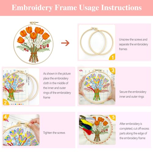 Zhenqing Orange Tulip Bouquet Cross Stitch Kit for Beginners - Complete Set with Pre-Printed 11CT 24x24cm Fabric, Hoop & Threads(70359)
