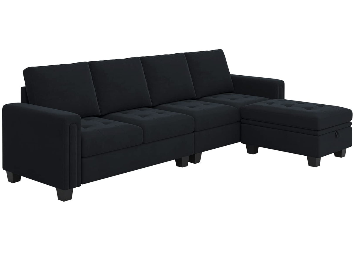 Belffin Velvet Reversible Sectional Sofa with Chaise Convertible L Shaped 4-seat Sectional Couch with Storage Ottoman Black Belffin