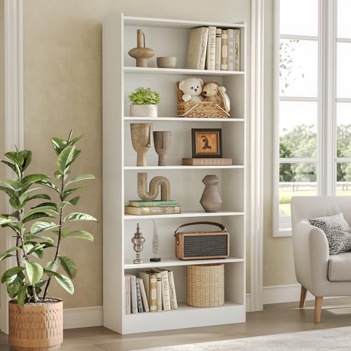 LITTLE TREE 72-Inch Tall Bookcase, 7-Tier White Wooden Large Bookshelf, Wide Bookcase Bookshelves, Freestanding Modern Display Shelving Unit for Living Room, Bedroom, Office LITTLE TREE