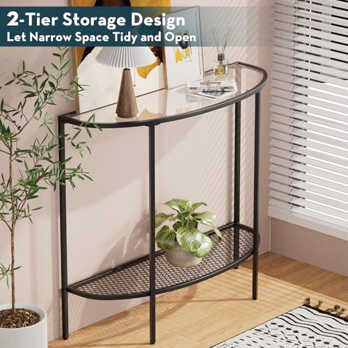 SAYGOER Glass Half Moon Console Table 2 Tier Narrow Entryway Table with Black Metal Frames, Modern Couch Table Small Entry Way Tables, Easy Assembly, Clear Glass SAYGOER