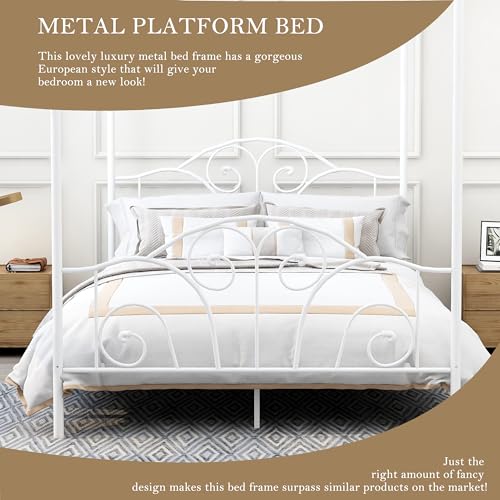 AUFANK Queen Size Four-Poster Metal Canopy Bed Frame with Headboard and Footboard Sturdy Slatted Structure No Box Spring Needed White