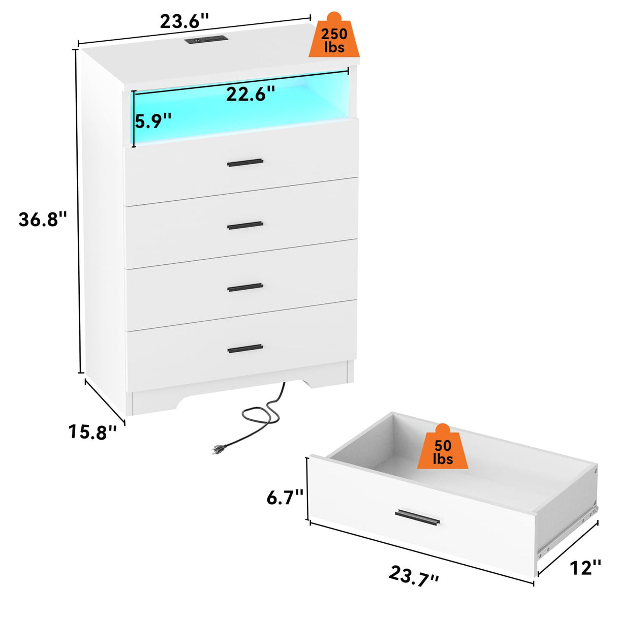 FJTJBSI Dresser with Power Outlets and LED Lights Wooden 4 Drawer Dresser with Large Organizer Tall White Drawer for Bedroom Modern Chest of Drawers Closet for Living Room Kids Room FJTJBSI