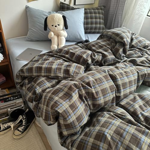 DONEUS Buffalo Plaid Duvet Cover Set 100% Washed Cotton Natural Linen Like Super Soft Comfy 3 Piece Brown Blue Gingham Checkered Bedding Set with Zipper Closure (Queen 90"x90", for All Seasons) DONEUS
