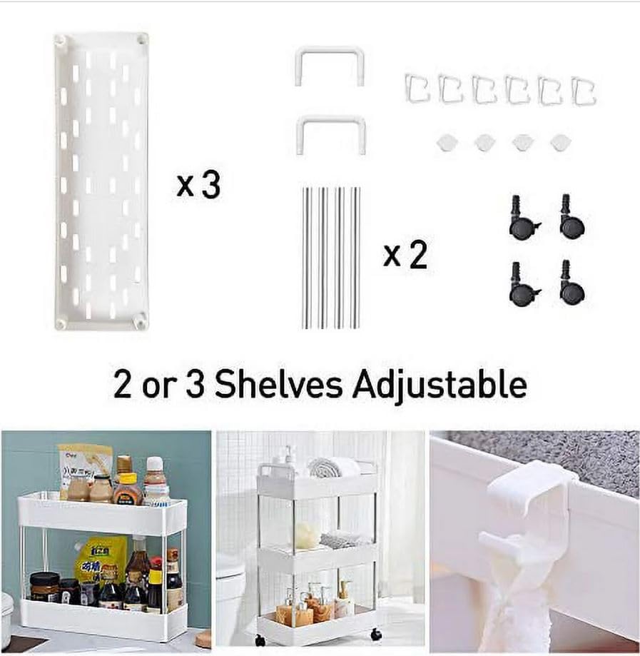 SOLEJAZZ Rolling Storage Cart, 3 Tier Utility Cart Mobile Slide Out Organizer, Bathroom Standing Rack Shelving Unit Organizer for Kitchen, Bathroom, Laundry Room, White SOLEJAZZ