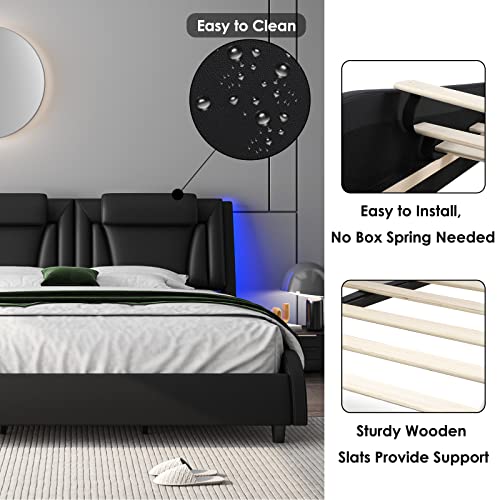 Keyluv LED Upholstered King Bed Frame with Adjustable Headboard and Wave-Like Design in Black Keyluv
