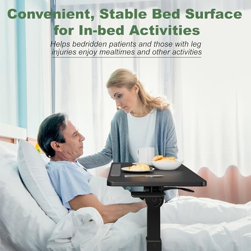 UPGRAVITY Adjustable Overbed Bedside Table - 90° Tiltable Mobile Standing Desk Portable Rolling Computer Cart Movable Desk for Laptop Bed Sofa Side Table Hospital Home Use(15.8" W x 31.5" D, Black) UPGRAVITY