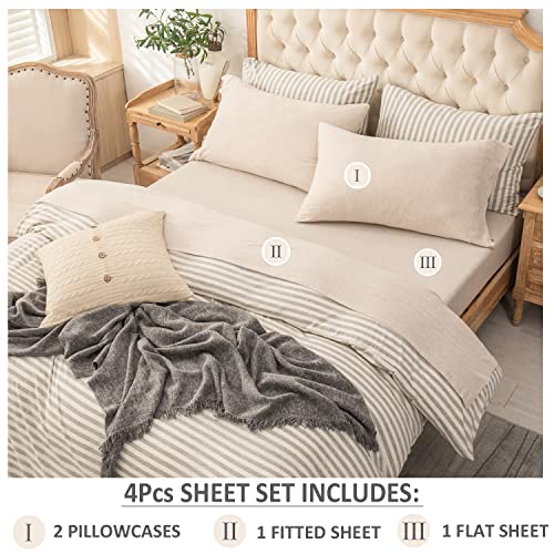 PURE ERA Jersey Knit 4pc Bed Sheet Set 100% T-Shirt Heather Cotton Super Soft Comfy Breathable Fits Mattress Up to 20" Extra Deep Pocket (Heather Beige, King) PURE ERA