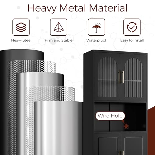 Kubohogar 75" Tall Kitchen Pantry Cabinet, Metal Storage Cabinets with Acrylic Doors and Adjustable Shelves, Hutch Cabinet with Storage, Black Microwave Stand Cabinets for Dining Living Room Kubohogar