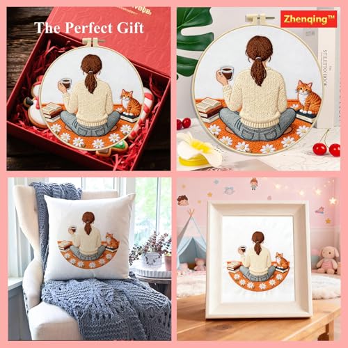 Zhenqing Coffee Girl Embroidery Kit for Beginners, Pre-Printed 29x29cm Fabric with 20cm Hoop & Threads, Cozy Reading Scene with Cat for Home Decor(C0188)