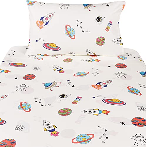 J-pinno Outer Space Planet Rocket Travel Adorable Twin 100% Cotton 3 Pieces Sheet Set for Kids Girls Children Flat Sheet + Fitted Sheet + Pillowcase Bedding Decoration Gift Set J-pinno