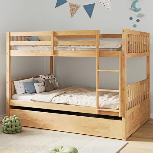 Repantes Full Over Full Bunk Bed with Trundle, Solid Rubberwood, High Weight Capacity, Converts to 2 Full Beds, with Safety Rails for Kids, Teens and Adults, Nature Repantes