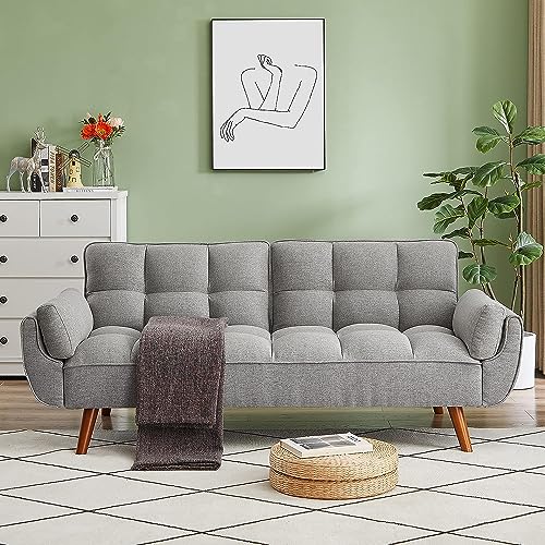 ERYE 75-Inch Tufted Upholstered Futon Sofabed Linen Loveseat Sofa Bed with Adjustable Backrest and Pillows for for Bedroom Living Room, Modern Convertible Futon Sleeper Bed ERYE