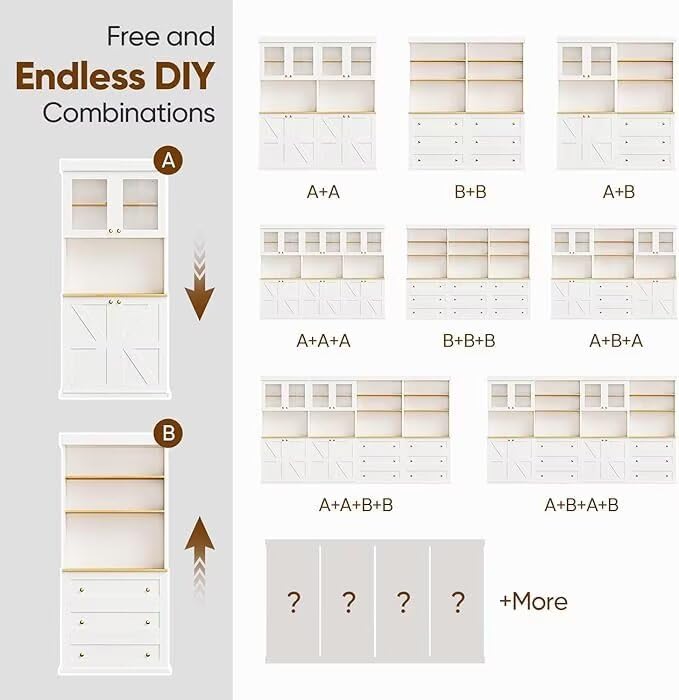 71" Farmhouse Kitchen Pantry Cabinet Set of 3, White Freestanding Coffee Bar Hutch with Glass Doors, Drawers & Adjustable Shelves, Large Storage Cabinet with Microwave Stand for Living Room & Kitchen Vyre