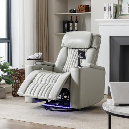 270° Power Swivel Recliner,Home Theater Seating with Hidden Arm Storage and LED Light Strip,Cup Holder,360° Swivel Tray Table,and Cell Phone Holder,Soft Living Room Chair Generic