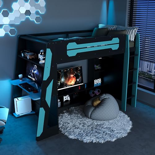 Ball & Cast Twin Size Gaming Loft Bed with Desk,Wood Gamer Bed Frame w/Shelves and RGB Light,Underbed Storage Space,Stairs,Full-Length Guardrail,Bedroom Furniture for Student Dorms,Cloud Blue Ball & Cast