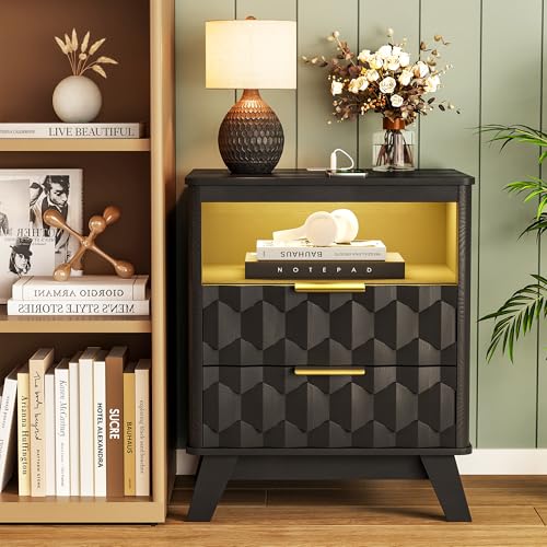 Gurexl 3-Color LED Night Stands Set of 2, Modern Nightstand with Charging Station&Human Body Sensing, 2-Drawer Wood Bedside Table for Bedroom,Black Gurexl